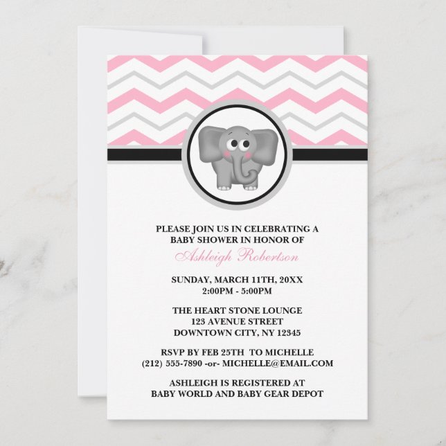 Elephant Pink Gray Chevron Baby Shower Invitations (Front)