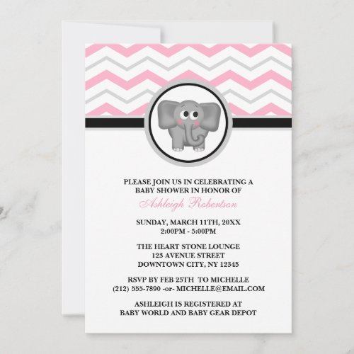 Elephant Pink Gray Chevron Baby Shower Invitations