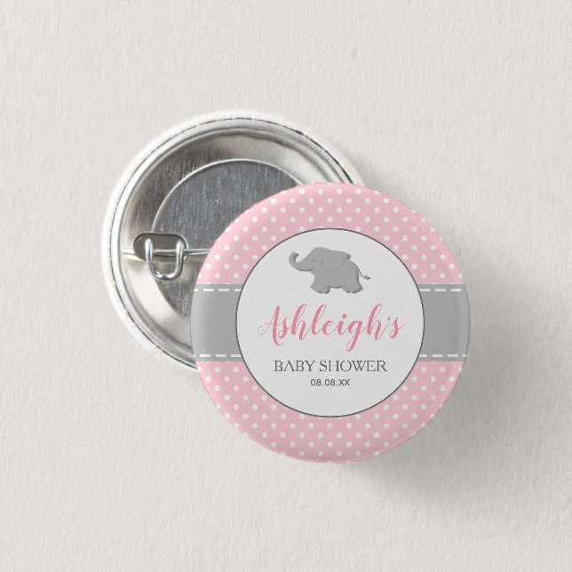 Elephant Pink Gray Polka Dot Girl Baby Shower Button (Front & Back)