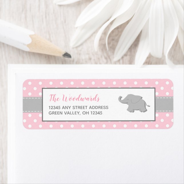Elephant Pink Gray Polka Dot Girl Baby Shower Label (Insitu)