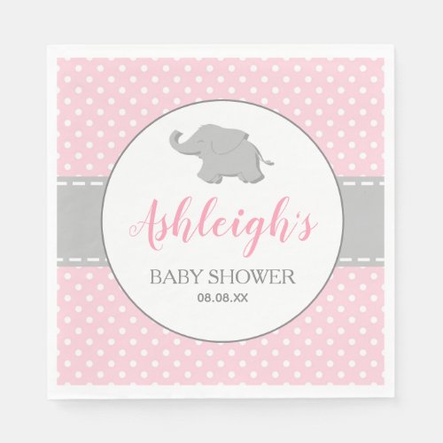 Elephant Pink Gray Polka Dot Girl Baby Shower Napkins
