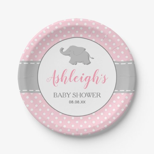 Elephant Pink Gray Polka Dot Girl Baby Shower Paper Plates