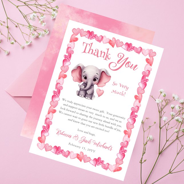 Elephant Pink Hearts Girl Baby Shower Thank You Card (Elephant Pink Hearts Girl Baby Shower Thank You Card - "A Little Sweetheart" Elephant Collection)