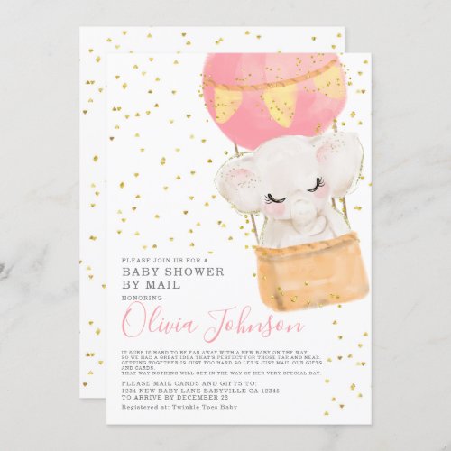 Elephant Pink Hot Air Balloon Baby Shower by Mail Invitation