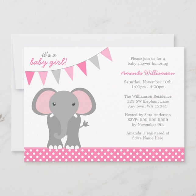Elephant Pink Polka Dot Banner Girl Baby Shower Invitation (Front)