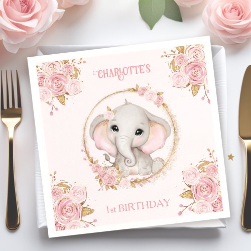 Elephant Pink Rose Floral 1st Birthday Napkins