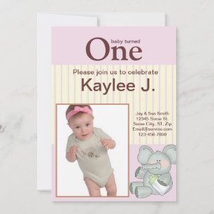 Elephant Pink Stripe Baby Birthday Photo Invitation