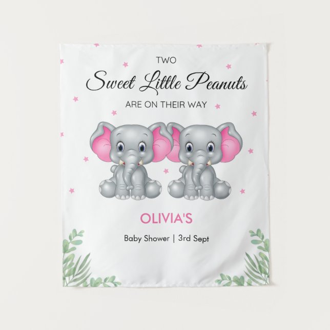 Elephant Pink Twin Girls Baby Shower Backdrop  (Front)