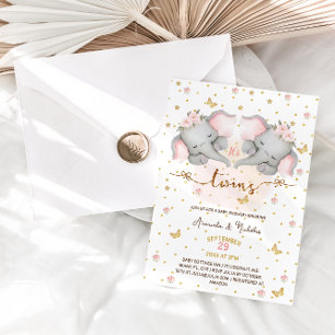 Elephant Pink Twin Girls Baby Shower Invitation