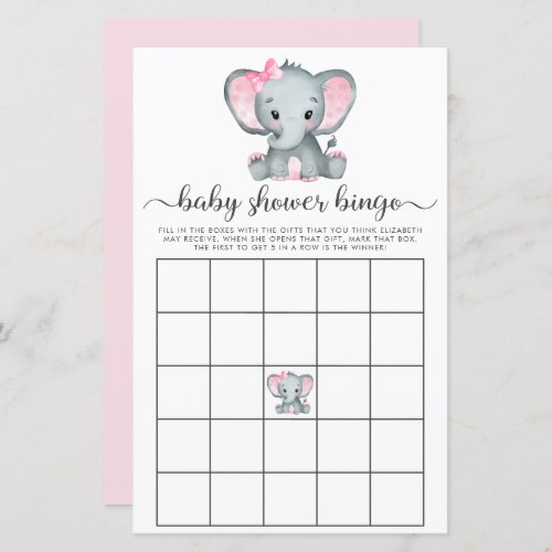 Elephant Pink Watercolor Baby Bingo Shower Game