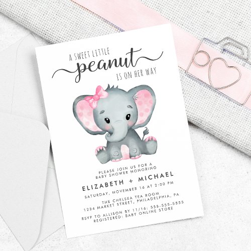 Elephant Pink Watercolor Baby Girl Couples Shower Invitation
