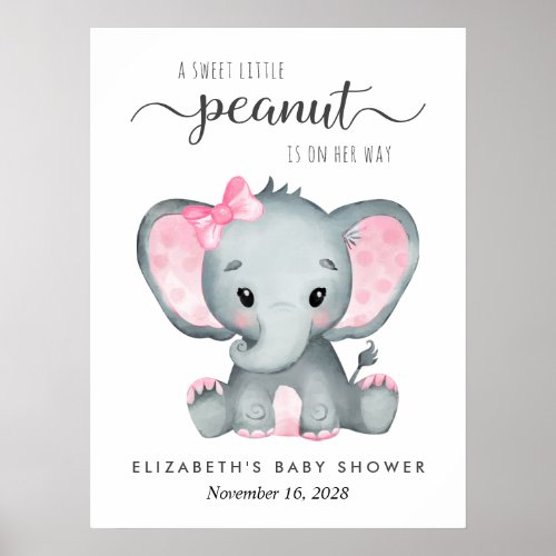 Elephant Pink Watercolor Baby Girl Shower Welcome Poster