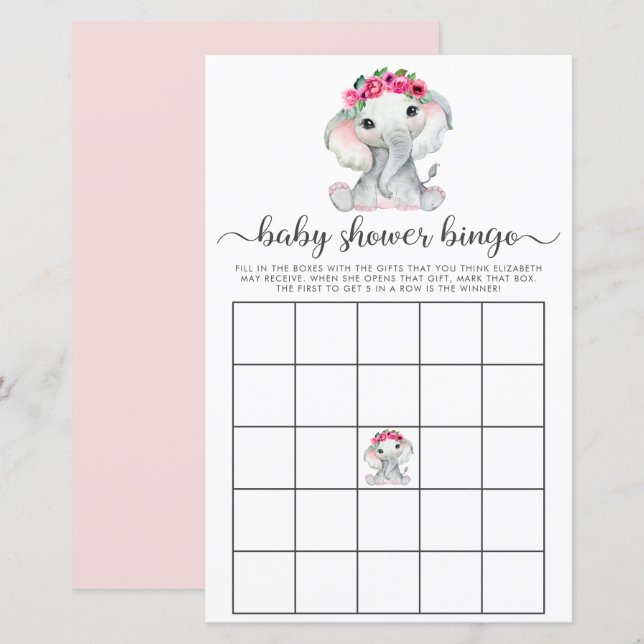 Elephant Pink Watercolor Bingo Baby Shower Game (Front/Back)