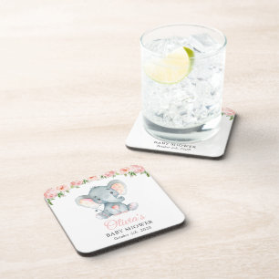Elephant, Pink Watercolor Flowers, Baby Shower Beverage Coaster