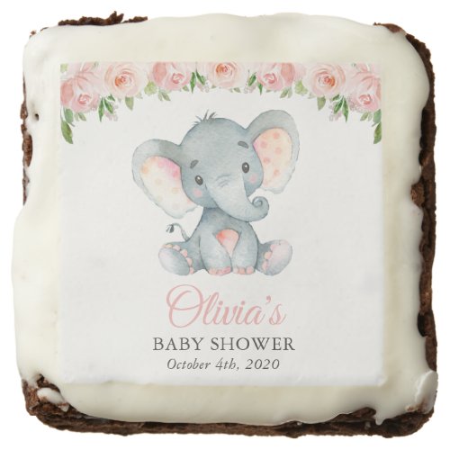 Elephant Pink Watercolor Flowers Baby Shower Brownie