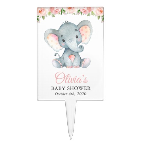 Elephant Pink Watercolor Flowers Baby Shower Cake Topper