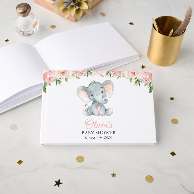 Elephant, Pink Watercolor Flowers, Baby Shower Guest Book (Front Open)