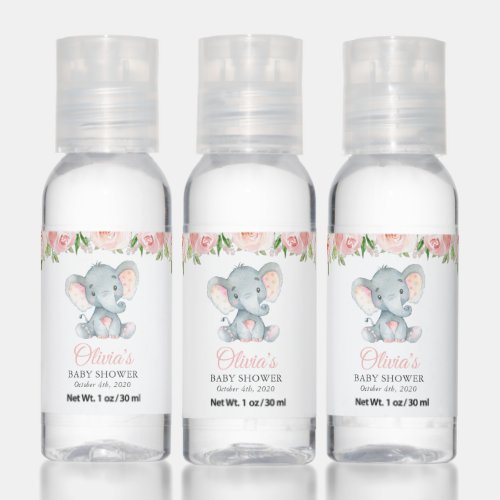Elephant Pink Watercolor Flowers Baby Shower Hand Sanitizer