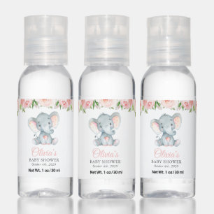 Elephant, Pink Watercolor Flowers, Baby Shower Hand Sanitizer