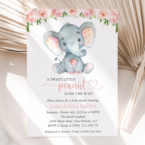 Elephant Pink Watercolor Flowers Baby Shower Invitation