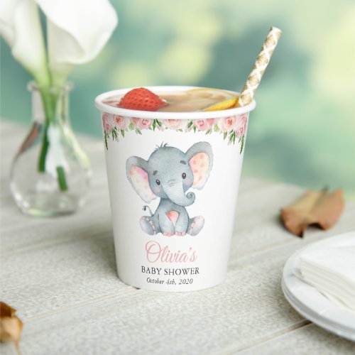 Elephant Pink Watercolor Flowers Baby Shower Paper Cups