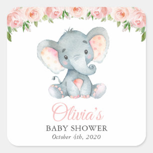 Elephant, Pink Watercolor Flowers, Baby Shower Square Sticker