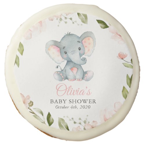 Elephant Pink Watercolor Flowers Baby Shower Sugar Cookie