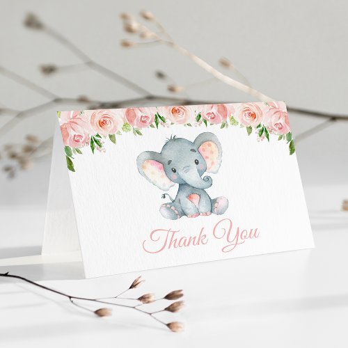 Elephant Pink Watercolor Flowers Baby Shower Thank You Card