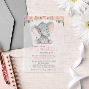 Elephant, Pink Watercolor Flowers, Baby Shower Vellum Invitations