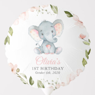Elephant, Pink Watercolor Flowers, First Birthday Balloon