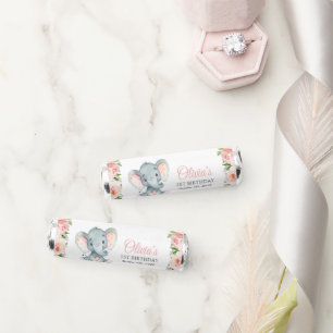Elephant, Pink Watercolor Flowers, First Birthday Breath Savers® Mints