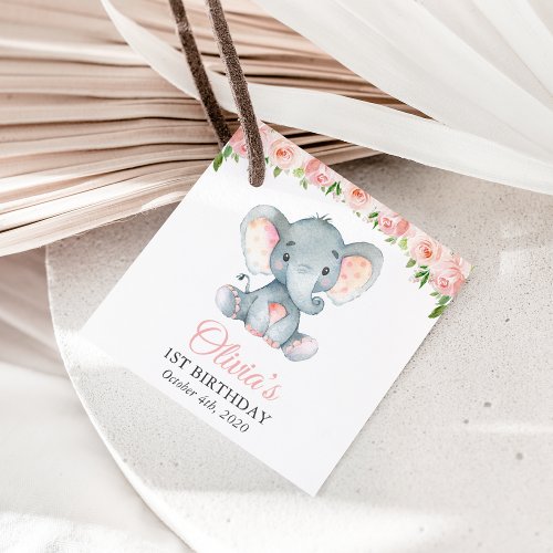 Elephant Pink Watercolor Flowers First Birthday Favor Tags
