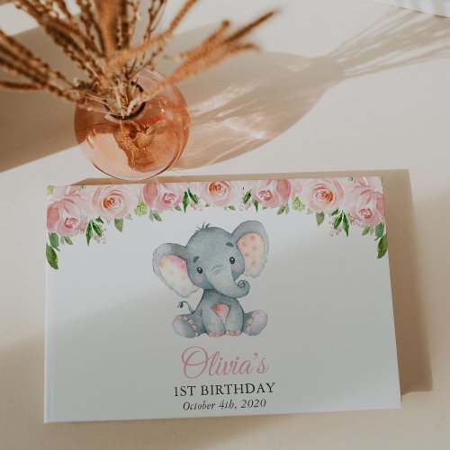 Elephant Pink Watercolor Flowers First Birthday Guest Book