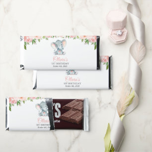 Elephant, Pink Watercolor Flowers, First Birthday Hershey Bar Favors