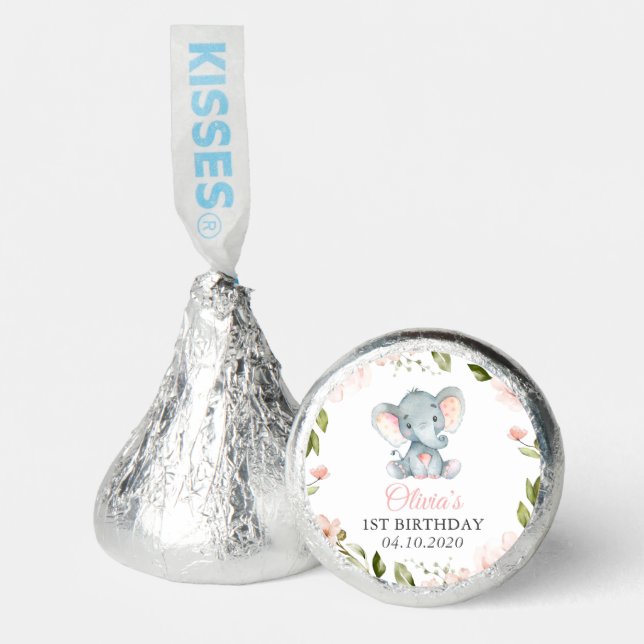 Elephant, Pink Watercolor Flowers, First Birthday Hershey®'s Kisses® (Front)