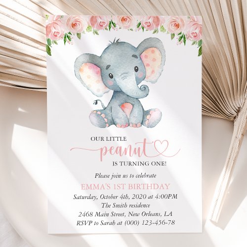 Elephant Pink Watercolor Flowers First Birthday Invitation