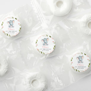 Elephant, Pink Watercolor Flowers, First Birthday Life Saver® Mints