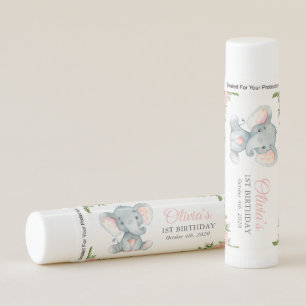 Elephant, Pink Watercolor Flowers, First Birthday Lip Balm
