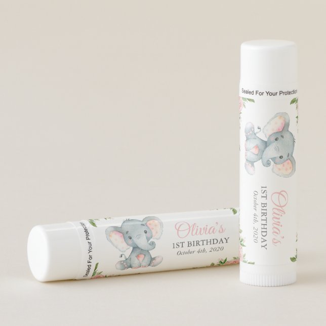 Elephant, Pink Watercolor Flowers, First Birthday Lip Balm (Front)