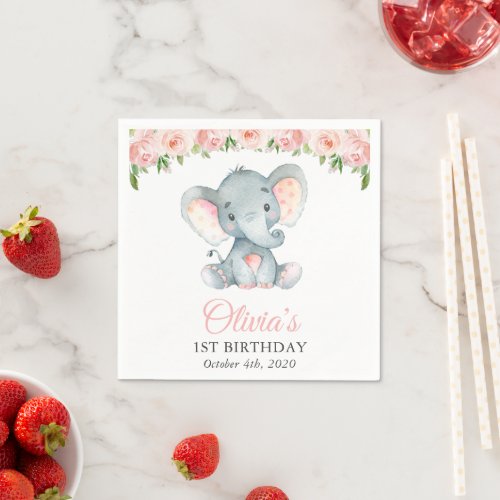 Elephant Pink Watercolor Flowers First Birthday Napkins