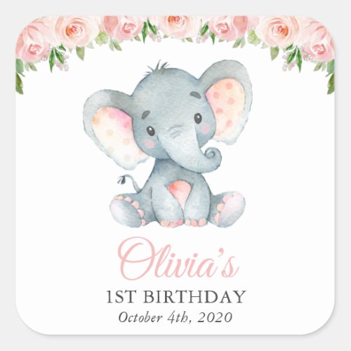 Elephant Pink Watercolor Flowers First Birthday  Square Sticker