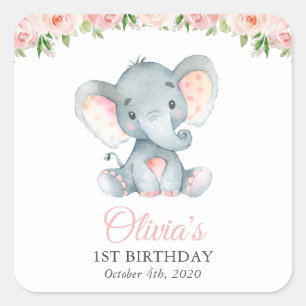 Elephant, Pink Watercolor Flowers, First Birthday Square Sticker