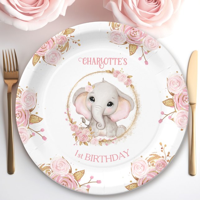 Elephant Pink White Floral Roses 1st Birthday  Paper Plates (Elephant Pink White Floral Roses 1st Birthday Paper Plates)