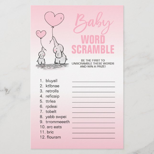 Elephant Pink White Girl Baby Shower WORD SCRAMBLE Flyer (Front)