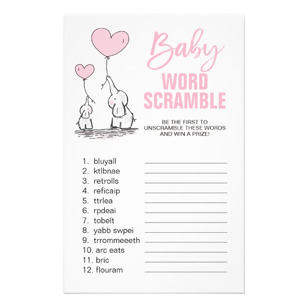 Elephant Pink White Girl Baby Shower WORD SCRAMBLE Flyer