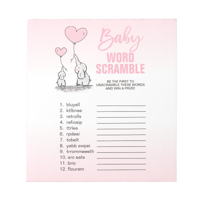 Elephant Pink White Girl Baby Shower WORD SCRAMBLE Notepad (Front)