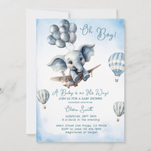 Elephant Plane Adventure Oh Boy Baby Shower Invitation