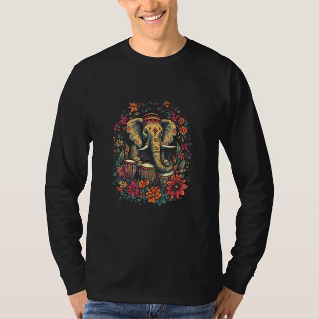 Elephant Playing Drums  Drumming Drummer Boho Hawa T-Shirt (Front)