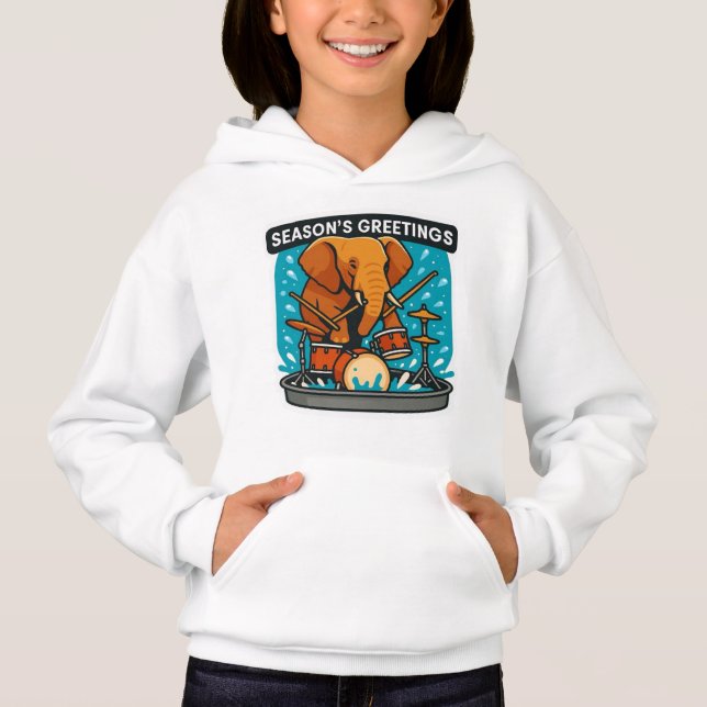  Elephant playing drums splashing water summer boy Hoodie (Front)