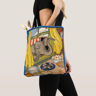 elephant poking his head through the window print tote bag
